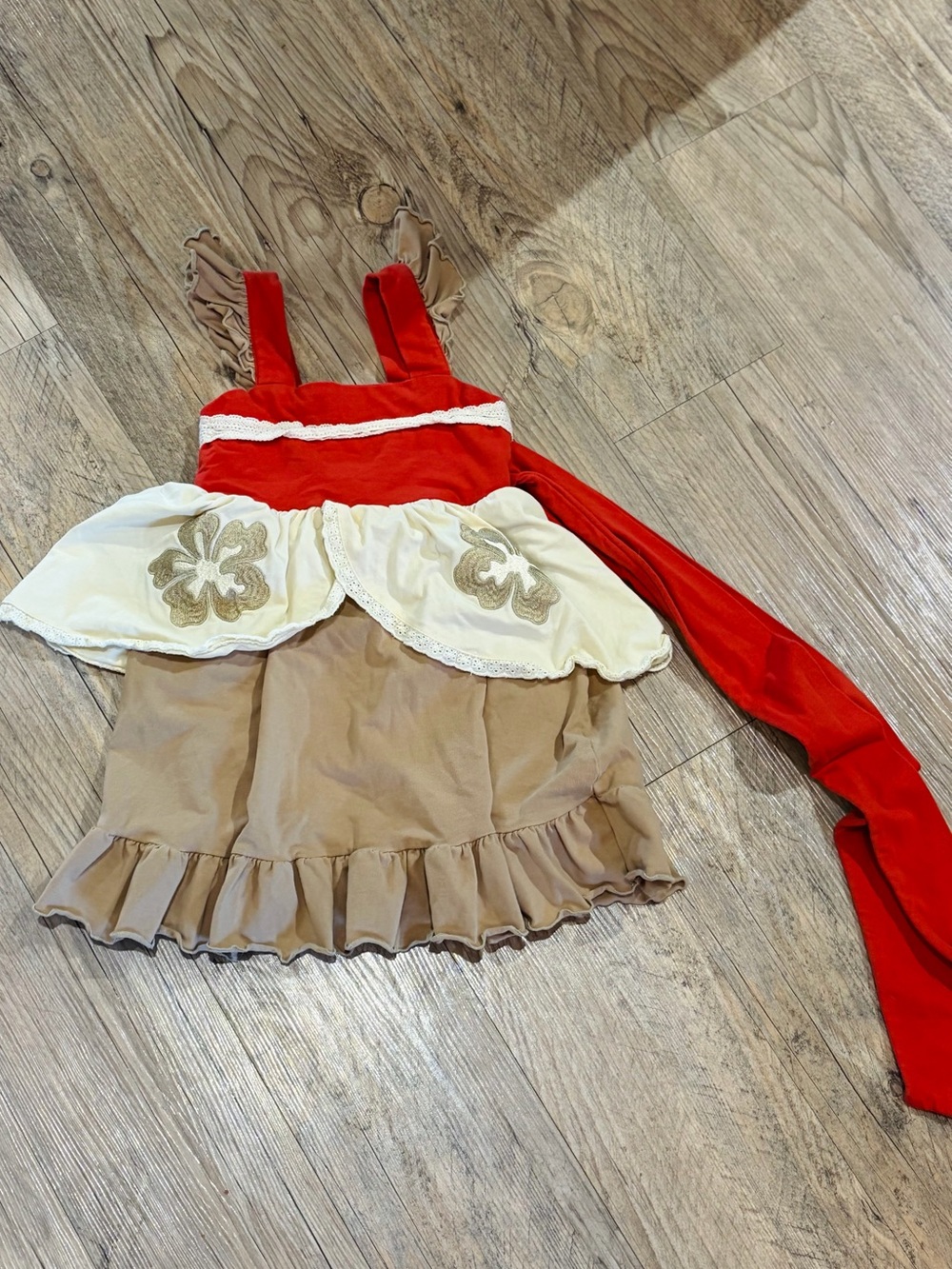 Red and Tan Floral Peplum Kids Costume Dress with Cream Overlay
